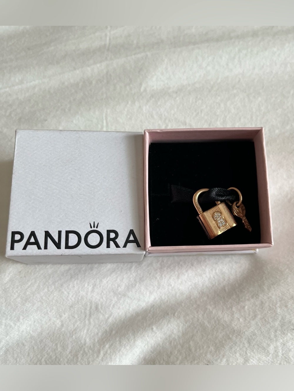 Pandora 14k Rose Gold Padlock and Key Dangle Charm Lock
